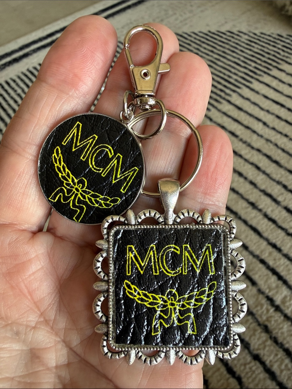 MCM upcycled Black and Yellow Leather Key Holder clip purse fob set new - Picture 3 of 6